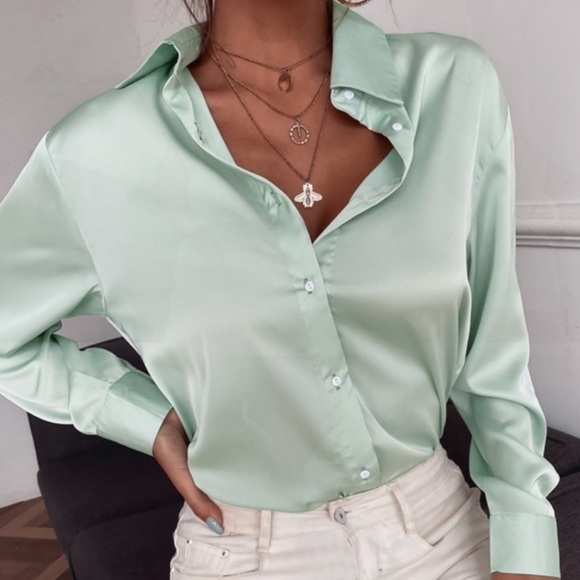 Satin boyfriend button down silky blouse hot pink - Picture 6 of 15